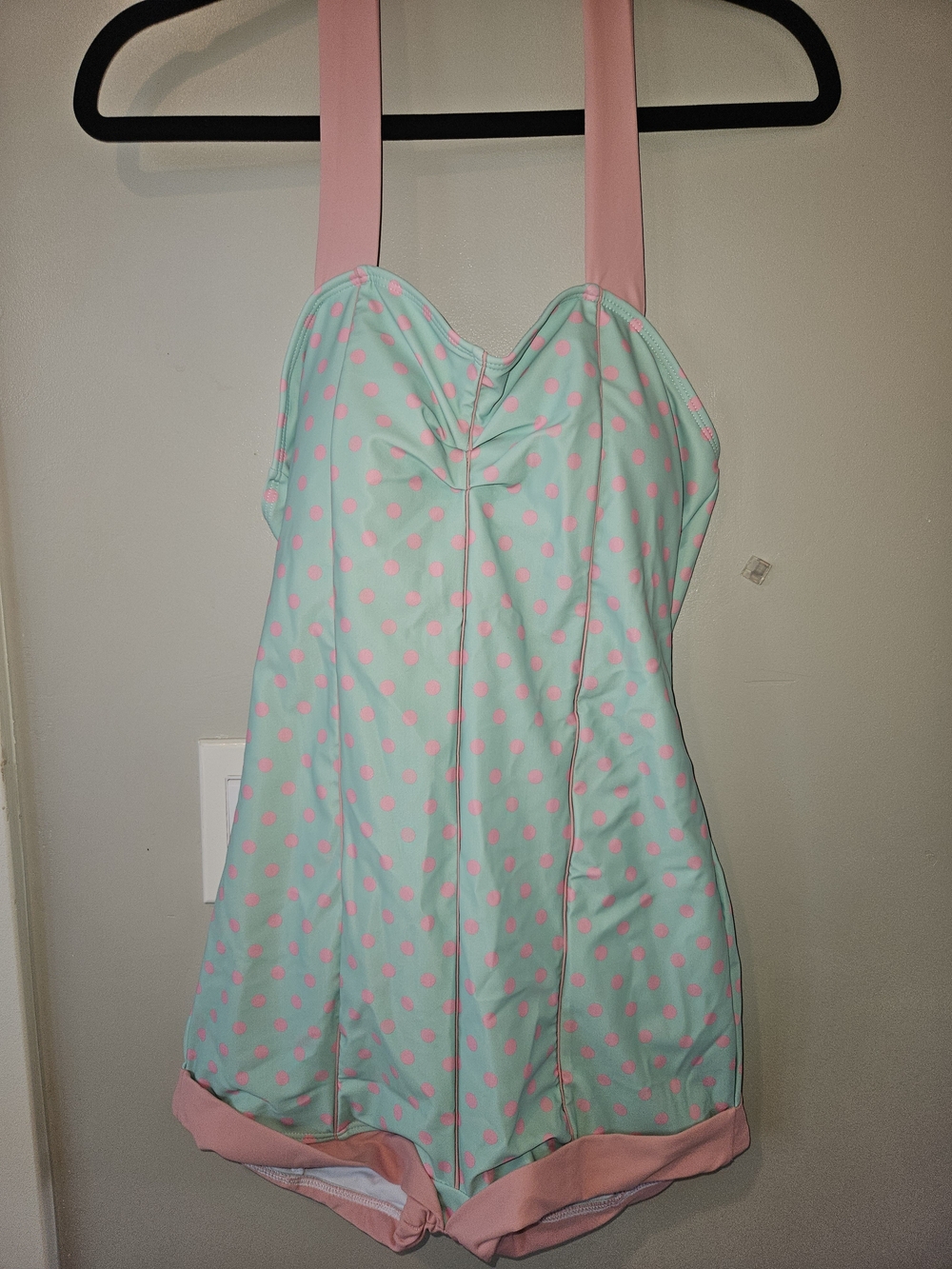 Mint Green Polka Dot One-Piece Romper Swimsuit with Pink Accents